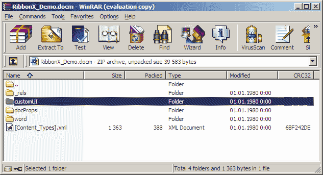Секция customUI в документе Word 2007
