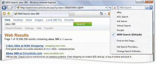Пользователь может выбирать поставщиков услуг поиска из раскрывающегося списка