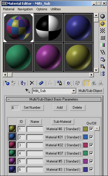 Рис. 44. Окно редактора материалов с созданным материалом Multi/Sub-Object