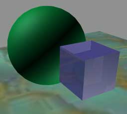 Рис. 73. Вид сцены: материал куба частично прозрачен, отражает и преломляет