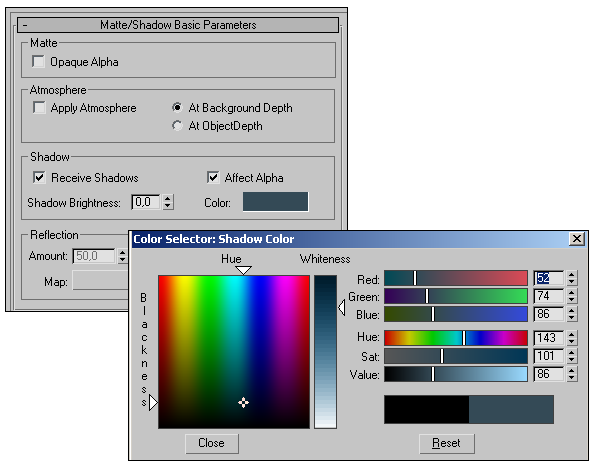 Рис. 85. Ввод цвета тени в свитке Matte/Shadow Basic Parameters