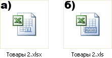 Внешний вид значков файлов Excel 2007 (а) и предыдущих версий Excel (б)