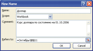 Присвоение имени ячейке