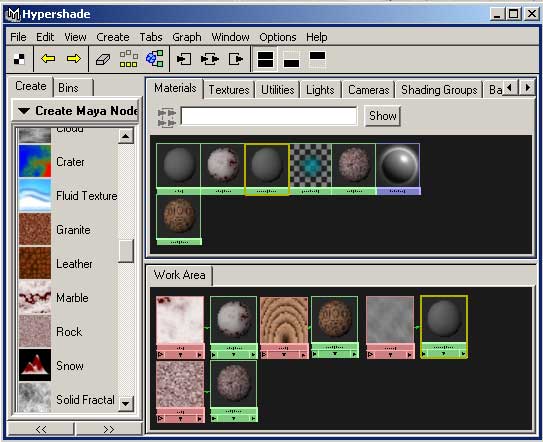 Рис. 10. Вид вкладок окна Hypershade после создания и присваивания материалов