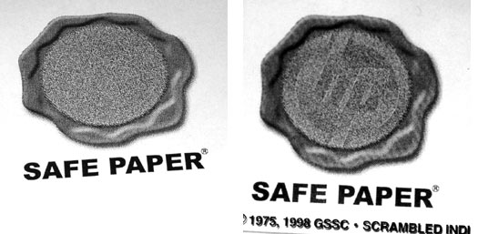 Скрытый слой маркера Safe Paper выглядит как хаотически расположенные точки (слева), однако стоит посмотреть на него через карту-ключ, как скрытое изображение проявляется, подтверждая подлинность документа