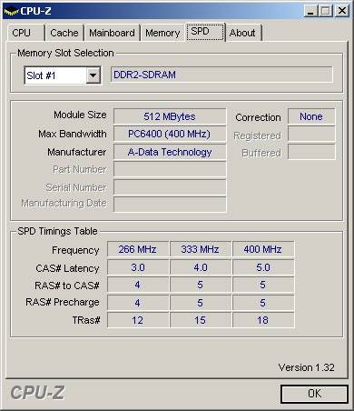 Рис. 2. Спецификация памяти A-DATA Vitesta DDR2 800 и ее тайминги, прошитые в SPD