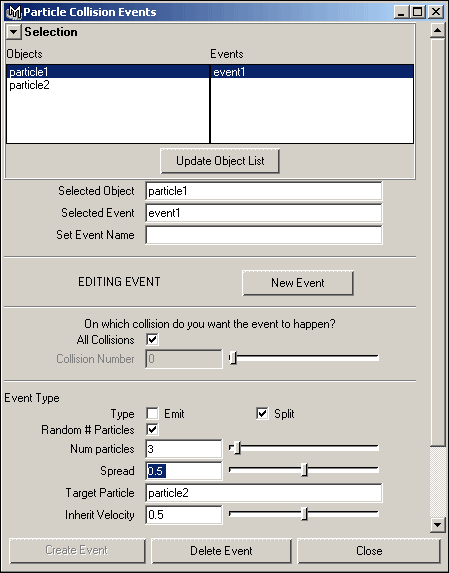 Рис. 10. Окно редактора Particle Collision Events после создания события