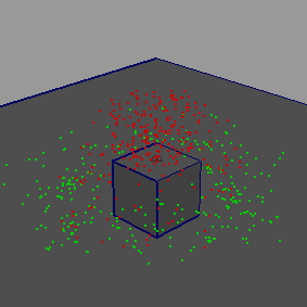 Рис. 11. Вид сцены после настройки события (красным цветом отображены старые частицы, зеленым — дополнительно сгенерированные при столкновении)