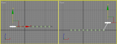 Рис. 10. Поведение объектов в случае прямой кинематики — при перемещении первого (слева) и последнего (справа) торусов