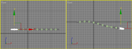 Рис. 11. Поведение объектов в случае обратной кинематики — при перемещении первого (слева) и последнего (справа) торусов