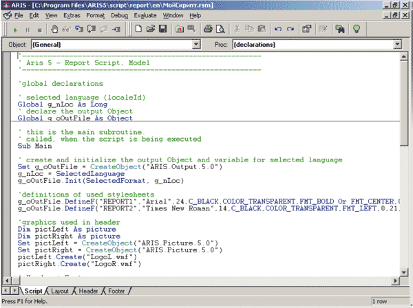 Рис. 2. Среда разработки скриптов на языке SAX Basic в ARIS Toolset