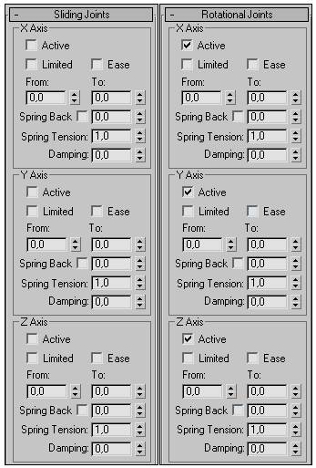 Рис. 14. Первоначальный вид свитков SlidingJoints и RotationalJoints для объекта ChamferCyl01
