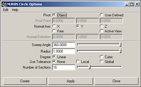 Рис. 18. Настройка параметров в окне NURBS Circle Options