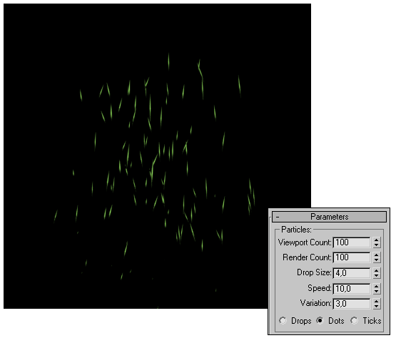 Рис. 12. Вид сцены при хаотичном движении частиц и соответствующие ему настройки базовых параметров