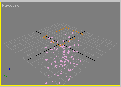 Рис. 3. Частицы и генерирующий их эмиттер — частицы отображены розовым цветом, а эмиттер — оранжевым