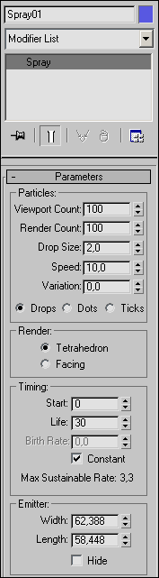 Рис. 6. Список параметров системы Spray-частиц