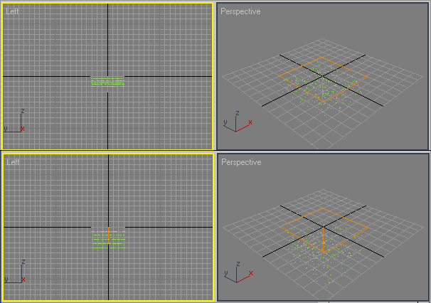 Рис. 9. Вид частиц в 5-м (сверху) и 100-м кадрах — в обоих случаях четко видна граница максимального распространения частиц
