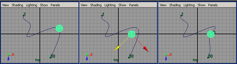 Рис. 13. Корректировка траектории движения: исходное положение шара (слева), перемещение шара (в центре), вид изменившейся траектории