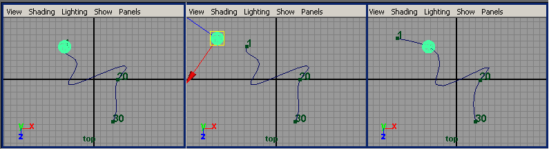 Рис. 14. Удлинение траектории движения: исходное положение шара (слева), перемещение шара (в центре), вид изменившейся траектории