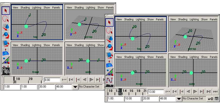 Рис. 5. Регулирование времени начала и окончания движения через диапазон воспроизведения кадров — исходный вариант (слева) и измененный