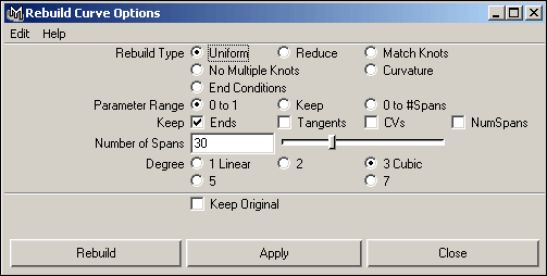 Рис. 9. Настройка параметров в окне RebuildCurveOptions