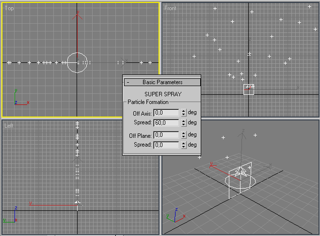 Рис. 10. Расширение зоны распространения частиц в стороны от вектора эмиссии (частицы движутся на плоскости)