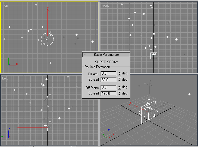 Рис. 12. Расширение зоны распространения частиц в стороны от плоскости эмиссии (частицы движутся в 3 D -пространстве)