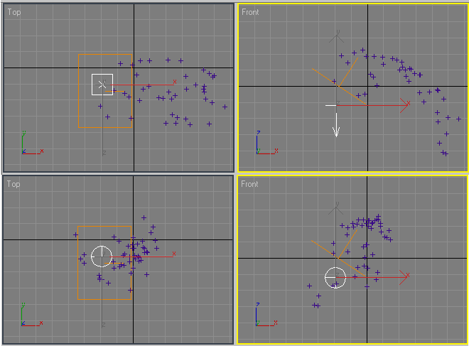 Рис. 21. Перемещение частиц под воздействием планарной (вверху) и сферической гравитации