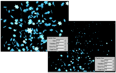Рис. 4. Взаимосвязь между параметрами GrowFor и FadeFor и размерами частиц