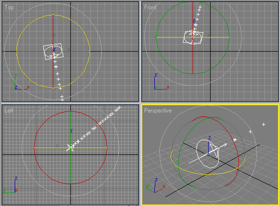 Рис. 6. Вид проекций с Super Spray-частицами в одном из промежуточных кадров после поворота эмиттера