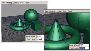 Рис. 12. Вид сцены с исходным (слева) и с увеличенным фокусным расстоянием