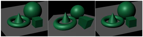 Рис. 13. Визуализация сцены при разном фокусном расстоянии (слева — 50 мм, в центре — 15 мм, справа — 200 мм)