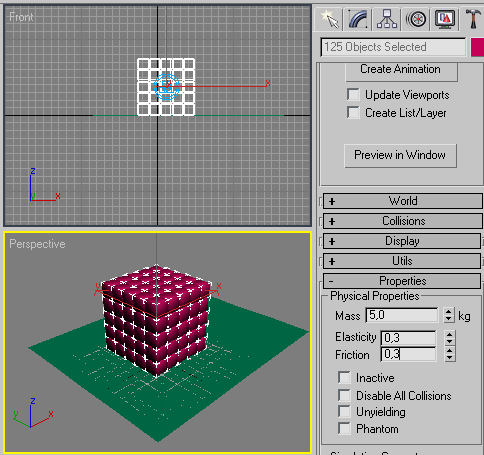 Рис. 16. Настройка физических параметров объектов массива