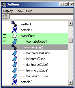 Рис. 19. Окно Outliner с новым эмиттером и новой системой частиц