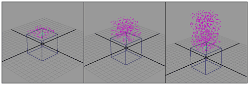 Рис. 20. Вид частиц в некоторых кадрах анимации при однонаправленном испускании