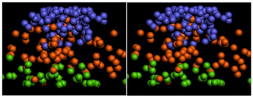 Рис. 20. Пример частиц, визуализируемых в виде сфер (слева — через оператор Shape, справа — путем замены на объект-образец)