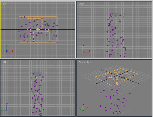Рис. 3. Вид проекций с потоком частиц в одном из промежуточных кадров