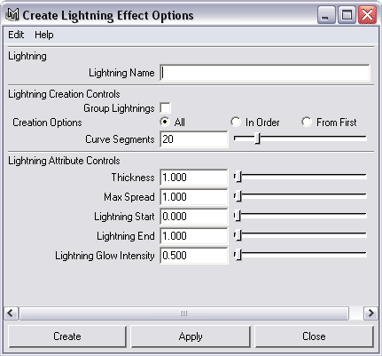 Рис. 1. Окно CreateLightningEffectOptions