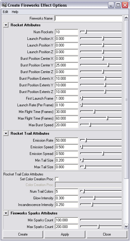 Рис. 16. Окно CreateFireworksEffectOptions