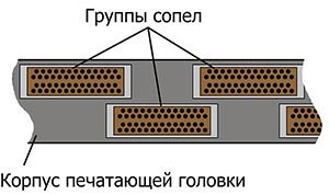 В едином блоке объединены несколько печатающих головок, расположенные в шахматном порядке